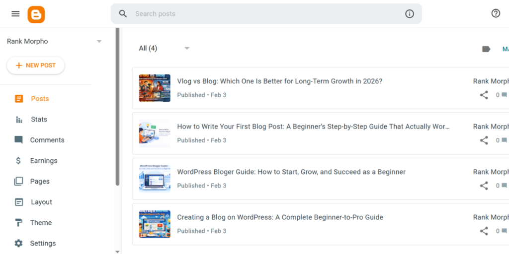 Blogger blog editor dashboard for beginners