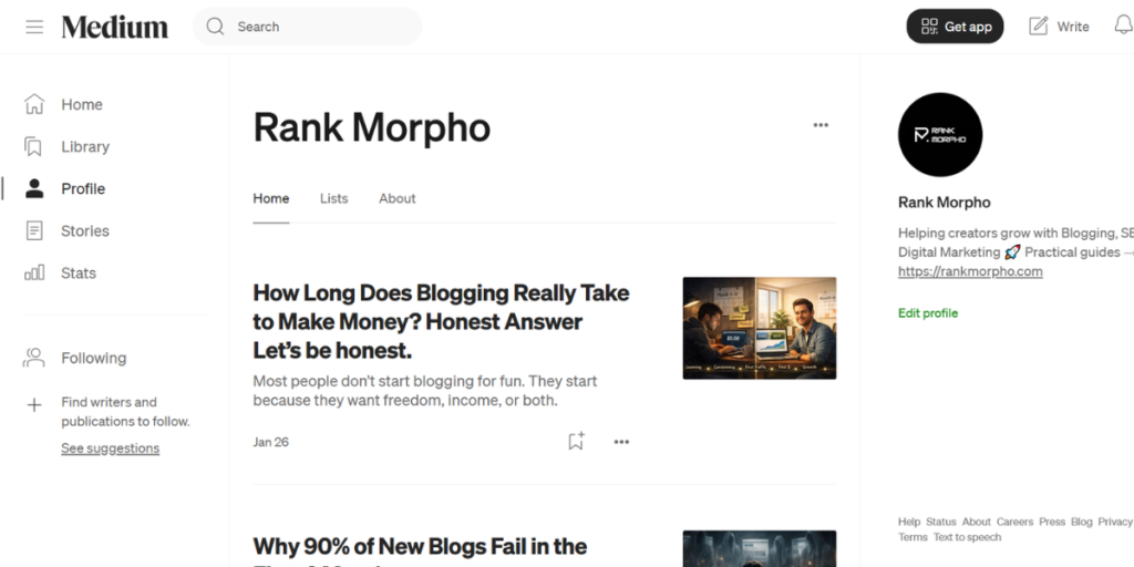 Medium article publishing layout example