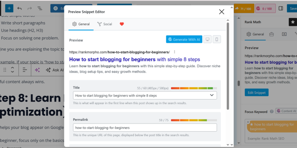 Rank Math SEO settings in WordPress post editor showing focus keyword and SEO score